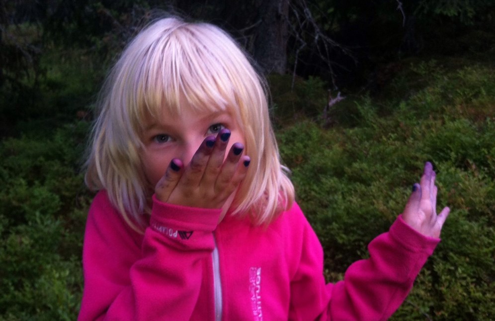 Barn äter blåbär i skog